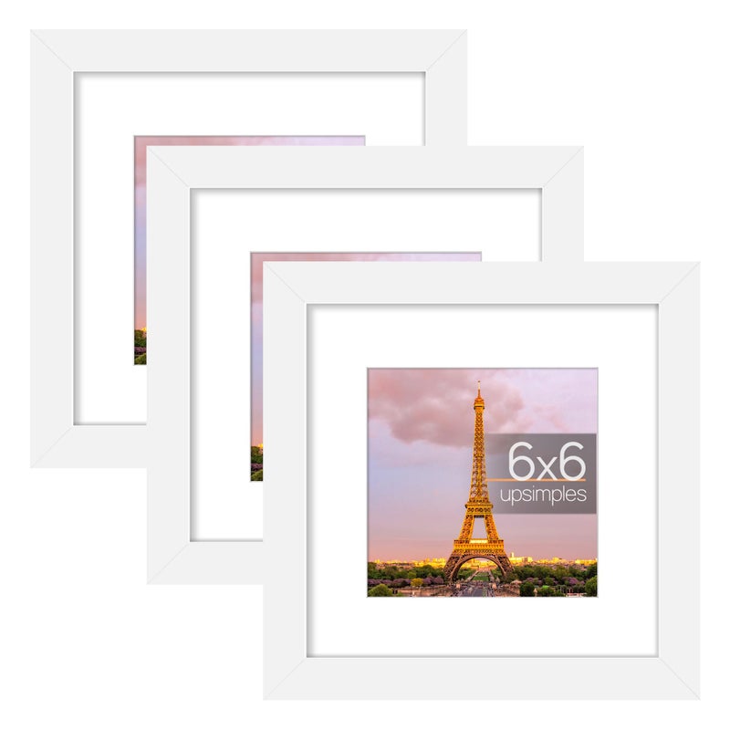 upsimples 6x6 Picture Frame Set of 3  Made of High Definition Glass for 4x4 with Mat or 6x6 Without Mat  Wall and Tabletop Display Photo Frames  White - Image 1
