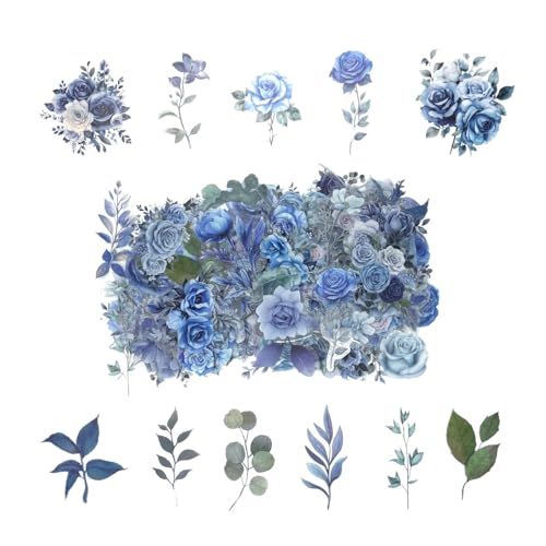 Obujopal 100 Pcs Blue Flower Stickers Wildflower Stickers for Scrapbooking Junk Journal Card Making Collage Notebook Diary Planner Letter Envelope Water Bottle Phone Case Craft Decoration Blue - Image 1
