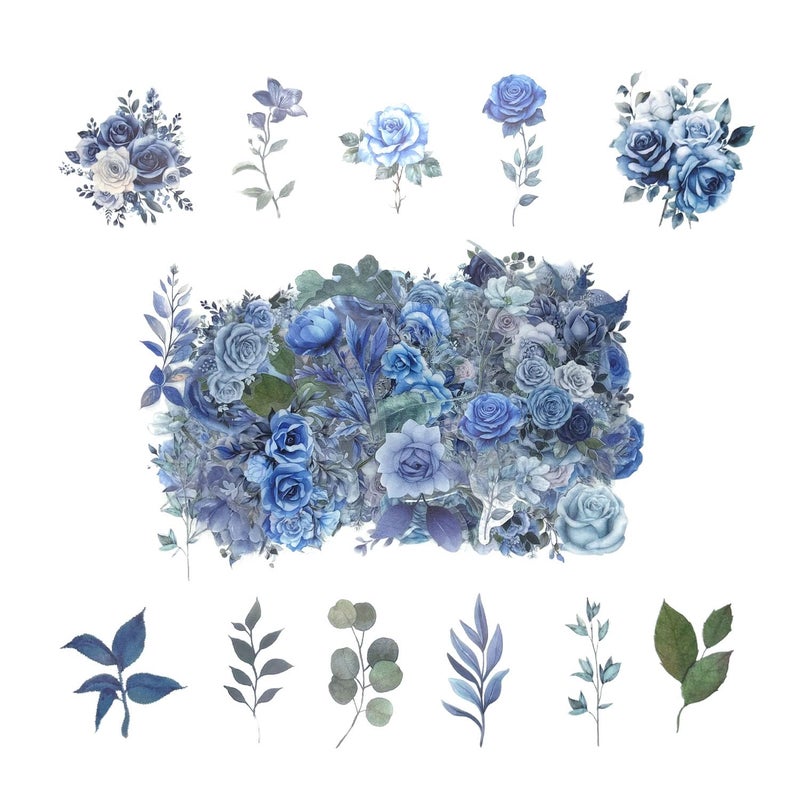 Obujopal 100 Pcs Blue Flower Stickers Wildflower Stickers for Scrapbooking Junk Journal Card Making Collage Notebook Diary Planner Letter Envelope Water Bottle Phone Case Craft Decoration Blue - Image 3