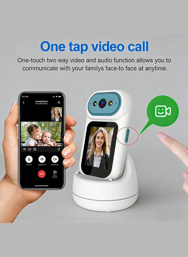 كاميرا ذكية محمولة للمكالمات المرئية، مزودة بشاشة 2.8 بوصة، وكاميرا مراقبة للأطفال، وكاميرا صوت وفيديو ثنائية الاتجاه، وكاميرا للحيوانات الأليفة، وكاميرا مربية أطفال بنقرة واحدة، وكاميرا مراقبة تلقائية بزاوية 350 درجة، وكاميرات تتبع الأشخاص، وكاميرا إنذار، وكاميرا رؤية ليلية تعمل بالبطارية، مناسبة للاستخدام الداخلي في المنزل أو المكتب. - Image 2