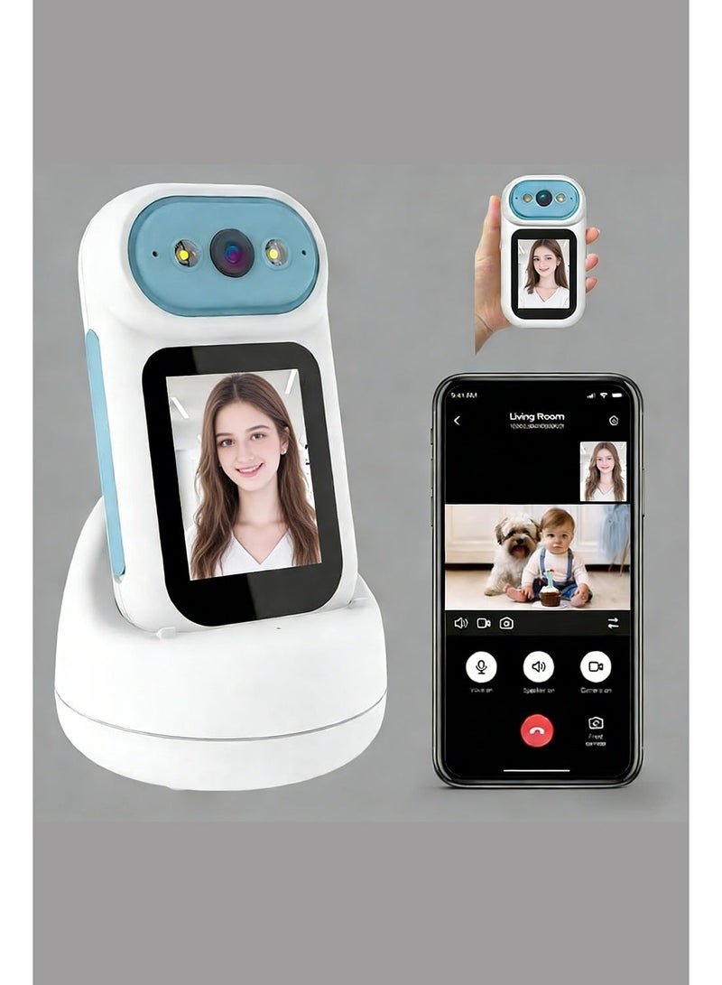 كاميرا ذكية محمولة للمكالمات المرئية، مزودة بشاشة 2.8 بوصة، وكاميرا مراقبة للأطفال، وكاميرا صوت وفيديو ثنائية الاتجاه، وكاميرا للحيوانات الأليفة، وكاميرا مربية أطفال بنقرة واحدة، وكاميرا مراقبة تلقائية بزاوية 350 درجة، وكاميرات تتبع الأشخاص، وكاميرا إنذار، وكاميرا رؤية ليلية تعمل بالبطارية، مناسبة للاستخدام الداخلي في المنزل أو المكتب. - Image 1