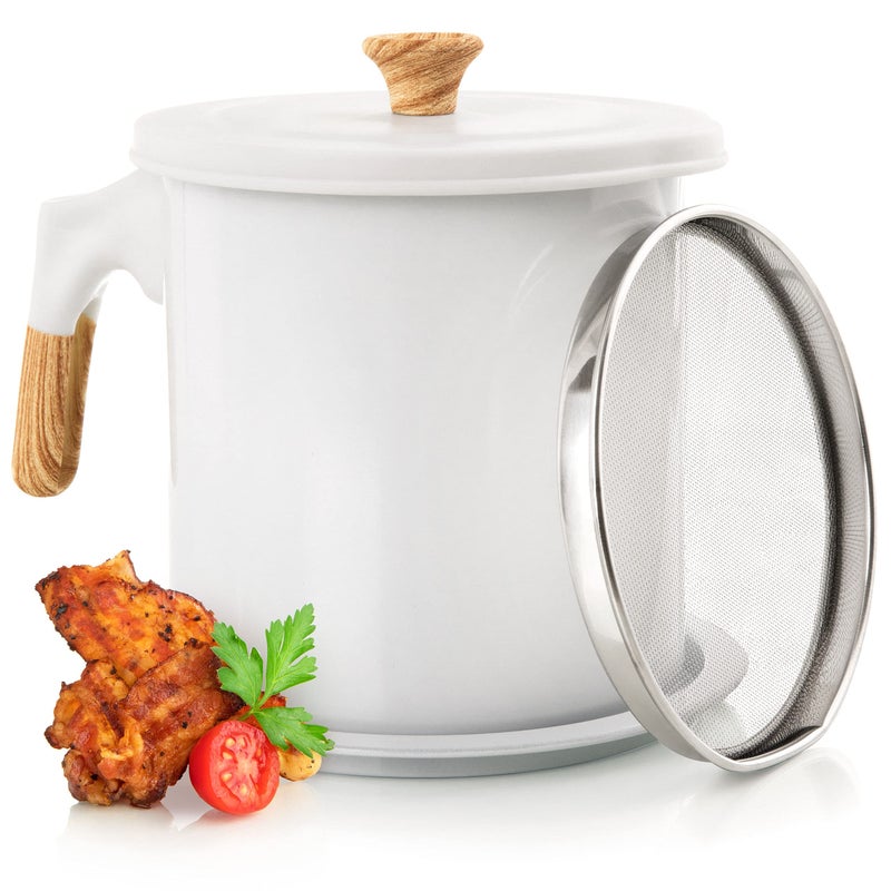 MYMOON HOME MyMoon Home Bacon Grease Container 48oz  14L Iron Cooking Oil Storage Can with Strainer  NonStick 5 Inch Diameter for Easy Pouring  Oil Strainer Pot