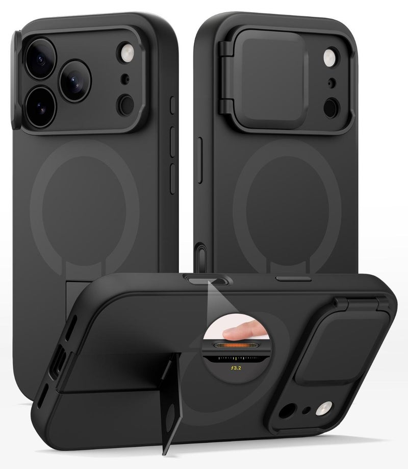 جراب مغناطيسي لهاتف iPhone 17 Pro Max، مع غطاء للكاميرا وحامل، أسود - Image 1