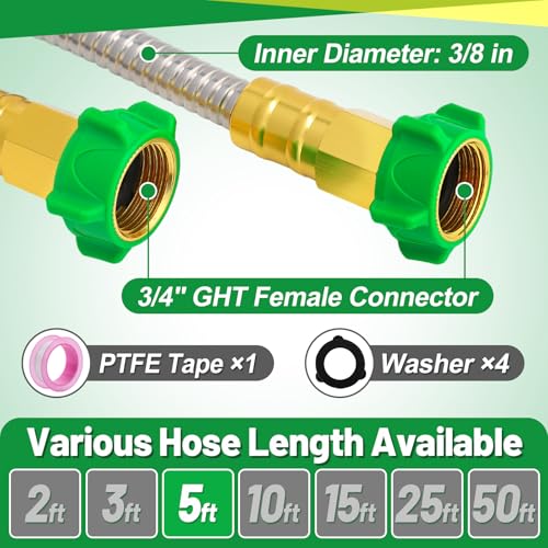 Beeplove Short Garden Hose with Female to Female Connector, 5ft Metal Leakproof Leader Hose for Hose Reel, Heavy Duty 304 Stainless Steel Flexible Hose for Outdoor Garden Watering Car Pet Cleaning - Image 5