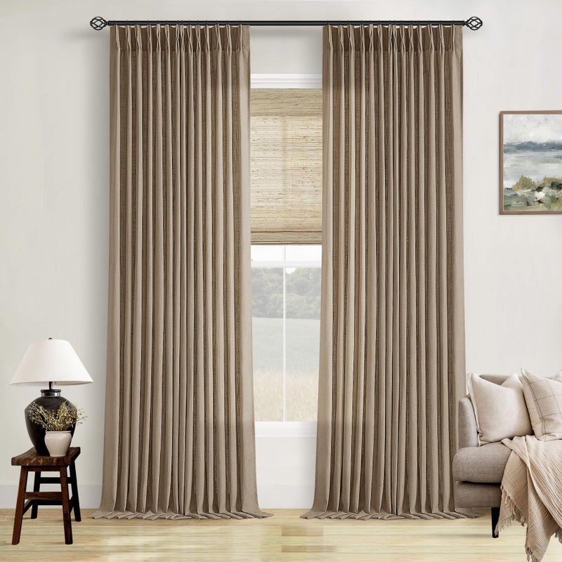 TWODRAPES Light Brown Linen Curtains Pinch Pleated Living Room Bedroom Dining Boho Light Filtering Pinch Pleat Drapes Hooks Rings Back Tab Semi Sheer Tan Latte Coffee Color Window Curtains 2 Panels - Image 1