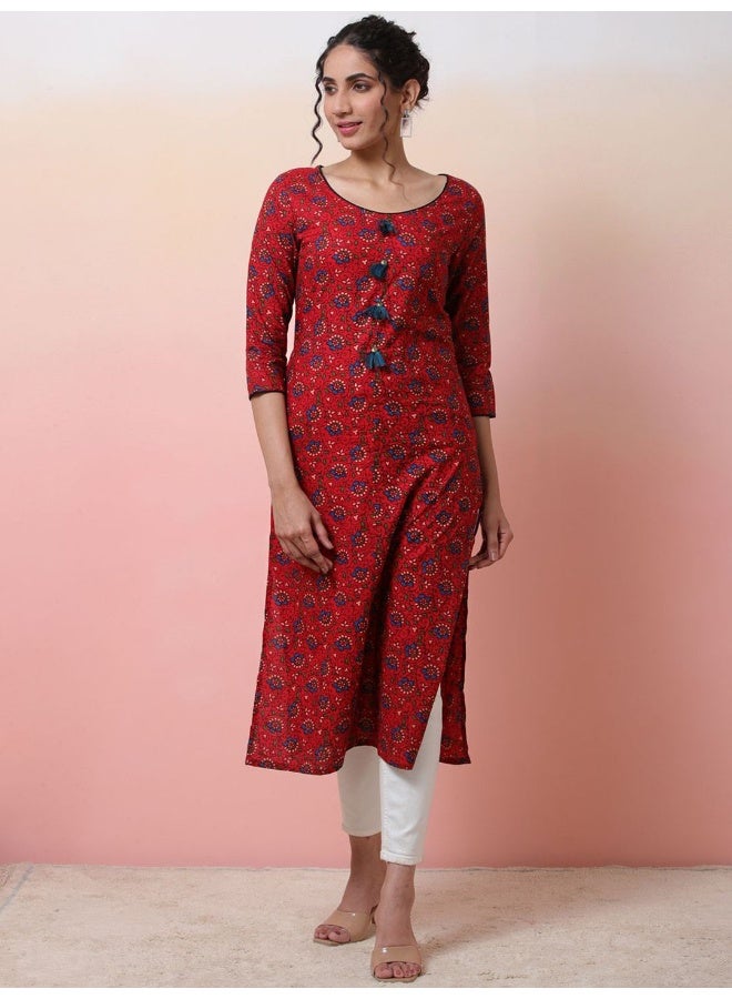 AKS Red Colored Floral Print Straight kurta - Image 3