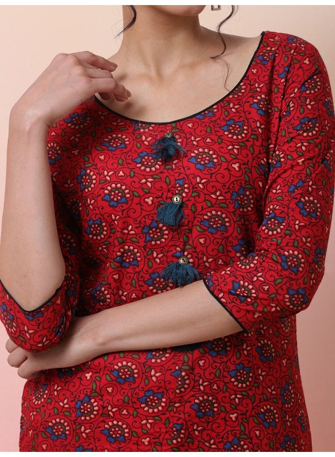 AKS Red Colored Floral Print Straight kurta - Image 2