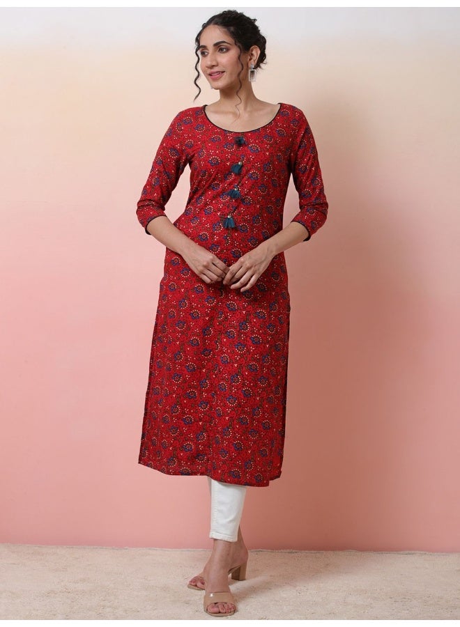 AKS Red Colored Floral Print Straight kurta - Image 1