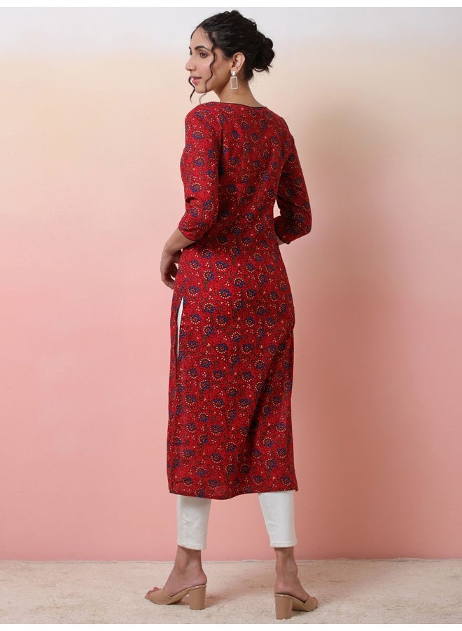 AKS Red Colored Floral Print Straight kurta - Image 4
