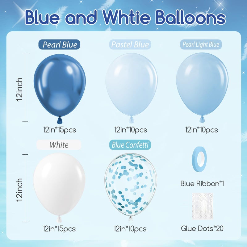Leraqertra 60pcs Blue and White Balloons 12inch with Pastel Pearl Light Blue Confetti White Balloons for Bridal Baby Shower Wedding Birthday Party Decorations - Image 2