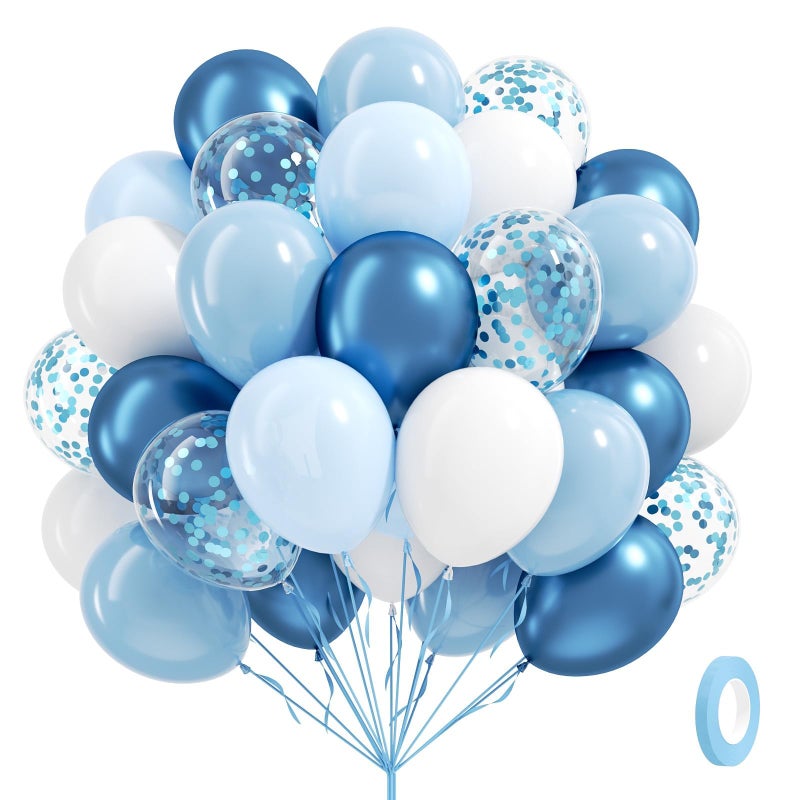 Leraqertra 60pcs Blue and White Balloons 12inch with Pastel Pearl Light Blue Confetti White Balloons for Bridal Baby Shower Wedding Birthday Party Decorations - Image 1