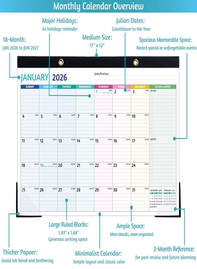 BowCuk Desk Calendar 2026-2027 - Jan 2026 - Jun 2027, 18 Monthly Desk Calendar 2026-2027 Large, 17’’ x 12’’, 2026 Desk/Wall Calendar with To-do Lists, Desk Pad, Ruled Blocks, Corner Protectors - Image 4