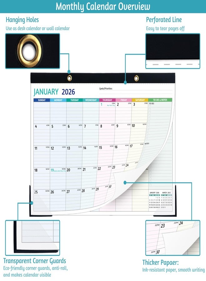 BowCuk Desk Calendar 2026-2027 - Jan 2026 - Jun 2027, 18 Monthly Desk Calendar 2026-2027 Large, 17’’ x 12’’, 2026 Desk/Wall Calendar with To-do Lists, Desk Pad, Ruled Blocks, Corner Protectors - Image 5