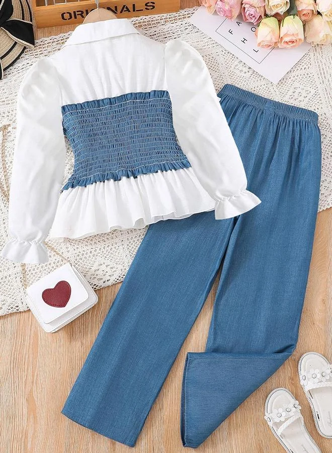 Take Two Girls Smocking Detail Ruffle Hem Top with Pants Set