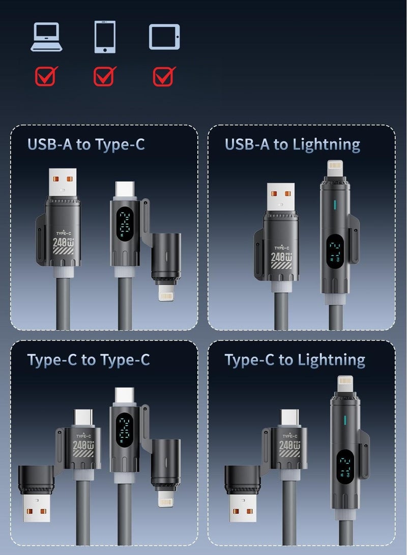 240W Coiled USB C Cable for Car,4 in 1 Charging Cable Fast Charging USB C to USB C Cable with LED Display Combo USB A/C to C/L,6FT - Image 4