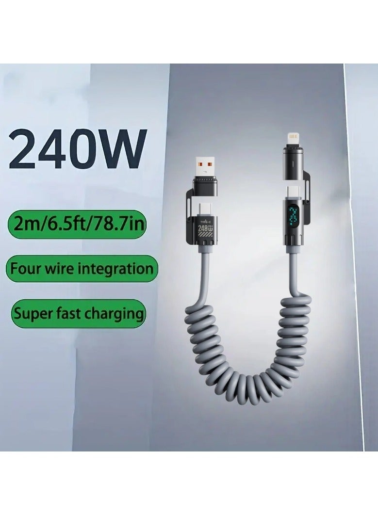 240W Coiled USB C Cable for Car,4 in 1 Charging Cable Fast Charging USB C to USB C Cable with LED Display Combo USB A/C to C/L,6FT - Image 2