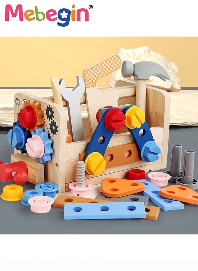 MEBEGIN Wooden Tool Set for Kids, Montessori Toys Wooden Tool Box with Saws, Screws, Hammers, Creative Construction Toys Set, Educational Toys Gifts for Kids Girls Boys Age 3+  - Image 2