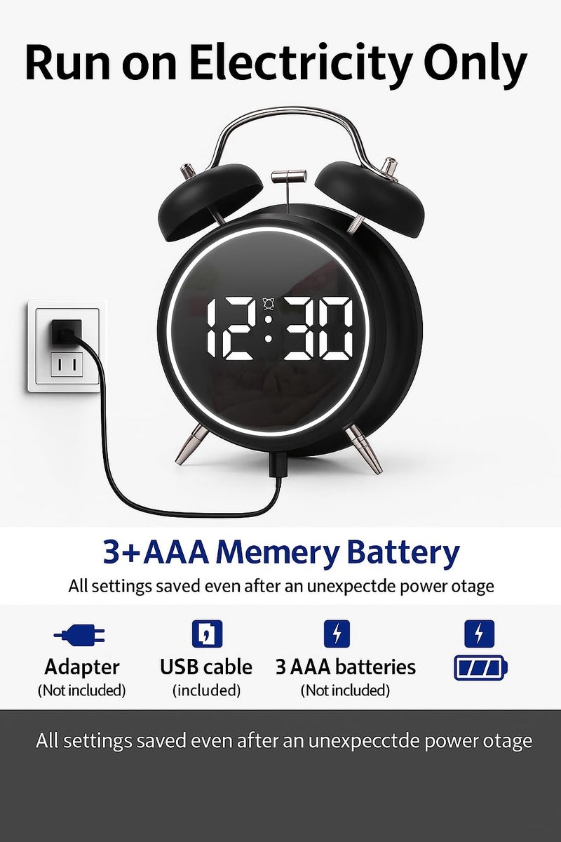 CBK Honeytime Digital Alarm Clock, 4.5 Inch Twin Bell Intelligent LED Alarm Clock, Silent Metal Clock with Night Light, Bedside Loud Alarm Clock for Adults Kids Teenager (Big Black) - Image 4