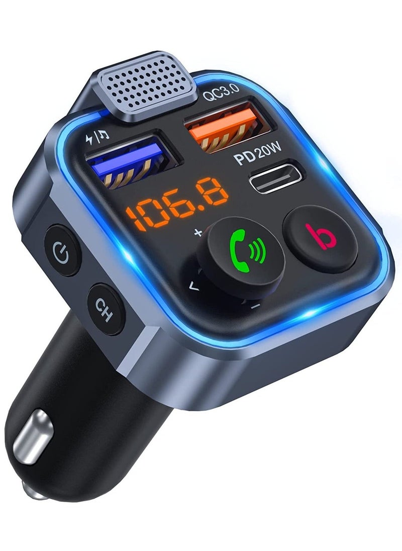 جهاز إرسال FM للسيارة، محول راديو بلوتوث 5.0 اللاسلكي، مجموعة شحن سريعة للسيارة PD3.0 نوع C 20W+QC3.0، مكالمات بدون استخدام اليدين، دعم صوت هاي فاي بدون فقدان للباس من خلال USB - Image 1