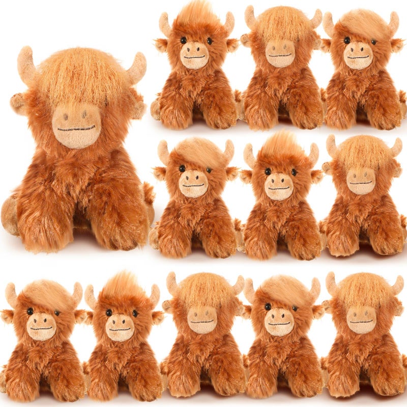 Blueweenly 12 Pcs Highland Cow Stuffed Animal Toy 6 Inch Brown Stuffed Highland Cow Plush Realistic Cattle Plushie Doll Gifts For Stress Relief Kids Boys Girls Presents Birthday Party Favors - Image 1