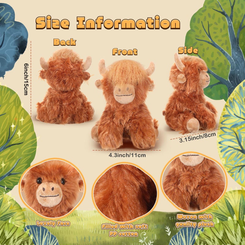 Blueweenly 12 Pcs Highland Cow Stuffed Animal Toy 6 Inch Brown Stuffed Highland Cow Plush Realistic Cattle Plushie Doll Gifts For Stress Relief Kids Boys Girls Presents Birthday Party Favors - Image 2