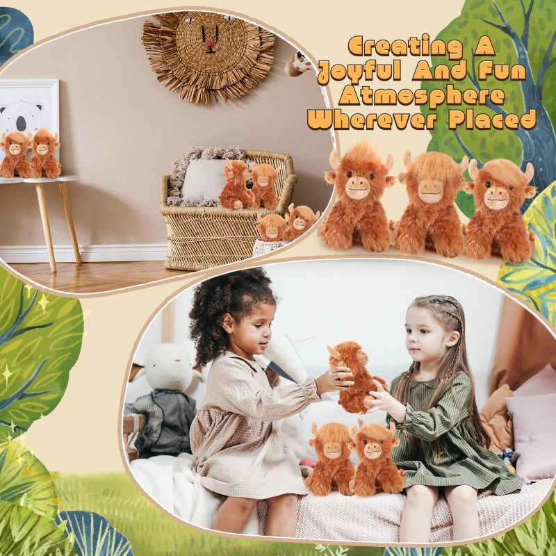 Blueweenly 12 Pcs Highland Cow Stuffed Animal Toy 6 Inch Brown Stuffed Highland Cow Plush Realistic Cattle Plushie Doll Gifts For Stress Relief Kids Boys Girls Presents Birthday Party Favors - Image 3