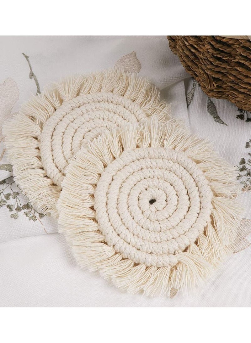 Coasters, with Tassels, for Drinks cup, Absorbent Woven Handmade Bohemian, Coffee Aromatherapy Decor Heat Protection Mat, for Home, Office, Coffee Wooden Table, Table Decor (Cream 2Pcs)  - Image 2