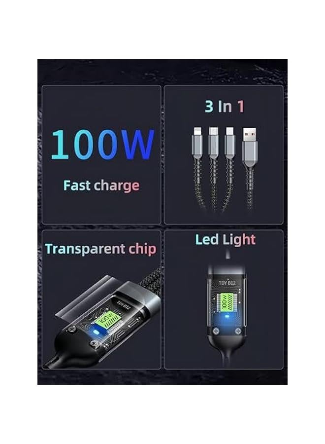 كيبل شحن USB 3 في 1، كيبل شحن نايلون مضفر فائق السرعة 100 واط، كيبل شحن متعدد عالمي مع منفذ نوع سي، مايكرو USB ومنفذ اي بي متوافق مع المزيد من الموبايلات - 1.2 متر - Image 3