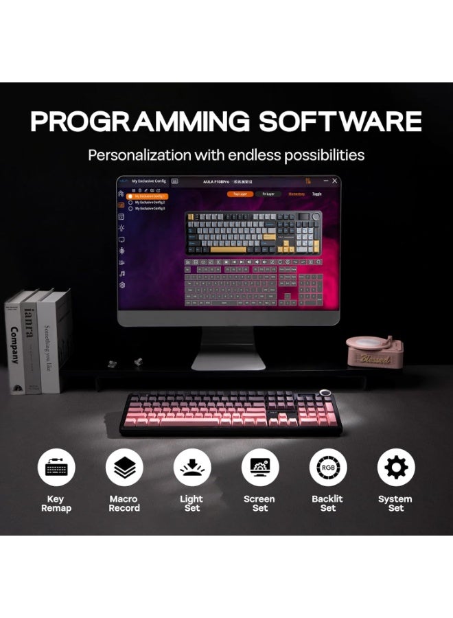 AULA F108 PRO - لوحة مفاتيح ميكانيكية لاسلكية مع شاشة ومقبض، لوحة مفاتيح كاملة الحجم مع بطارية 8000mAh، مفاتيح Graywood axle V3 مسبقة التشحيم، مفاتيح PBT مطبوعة من الجانبين، لوحات مفاتيح مخصصة للألعاب مع إضاءة خلفية RGB قابلة للتبديل. - Image 4