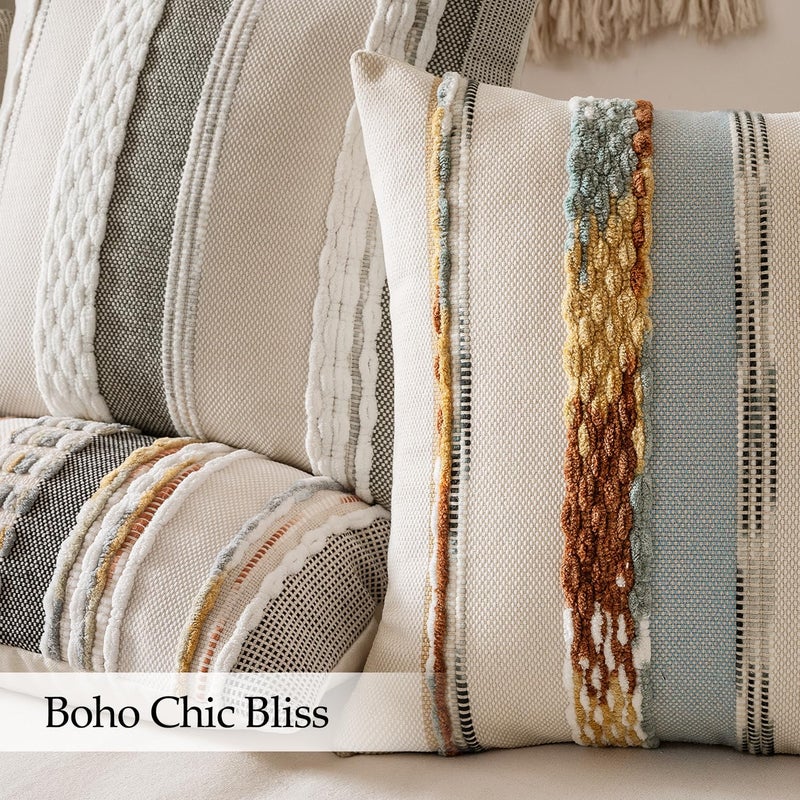 ANRODUO Pack of 2 Boho Decorative Throw Pillow Covers 18x18 Farmhouse Cushion Case Striped Chenille Pillow Cases Square Pillow Covers Accent Neutral Pillowcase for Sofa Couch Bed, Blue-Earth Tones - Image 5