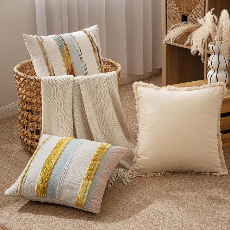 ANRODUO Pack of 2 Boho Decorative Throw Pillow Covers 18x18 Farmhouse Cushion Case Striped Chenille Pillow Cases Square Pillow Covers Accent Neutral Pillowcase for Sofa Couch Bed, Blue-Earth Tones - Image 3