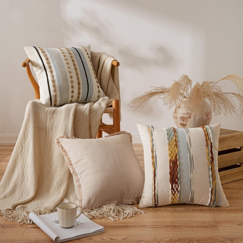 ANRODUO Pack of 2 Boho Decorative Throw Pillow Covers 18x18 Farmhouse Cushion Case Striped Chenille Pillow Cases Square Pillow Covers Accent Neutral Pillowcase for Sofa Couch Bed, Blue-Earth Tones - Image 2
