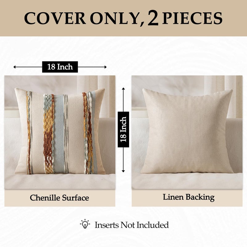 ANRODUO Pack of 2 Boho Decorative Throw Pillow Covers 18x18 Farmhouse Cushion Case Striped Chenille Pillow Cases Square Pillow Covers Accent Neutral Pillowcase for Sofa Couch Bed, Blue-Earth Tones - Image 4