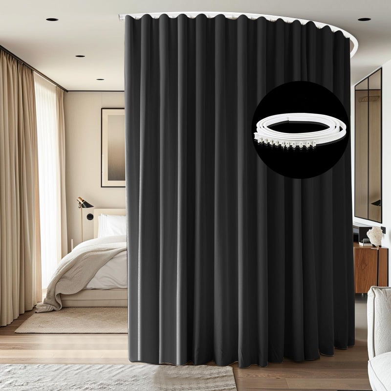 cbsroro Room Divider Ceiling Mounted Curtains Track Sets Extra Wide Blackout Curtain Flexible Tracks for Bedroom Privacy Partition Separator 1 Panel Black Drape and White Rail W15 x H9ft
