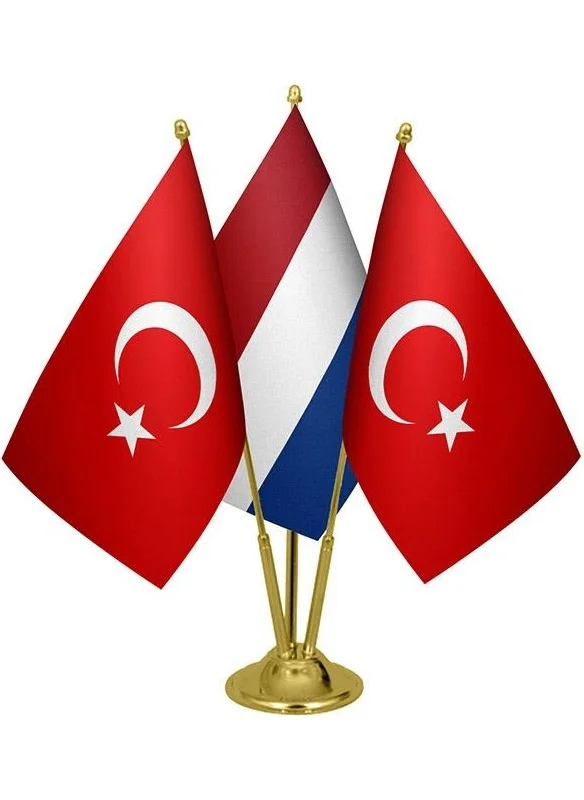 ساترنديزاين Desktop Dutch Flag Turkish Flag Triple Brass Pole Table Flag Set