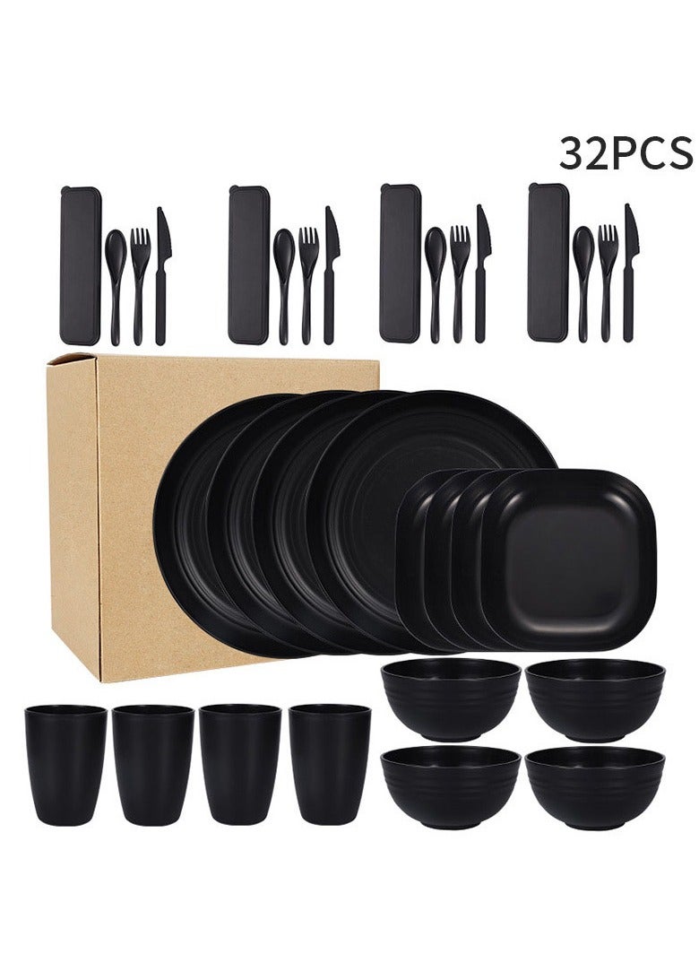 VINNYSEN طقم عشاء بلاستيكي من قش القمح، طقم أطباق وأوعية غير قابلة للكسر، طقم أطباق عصري، طبق حلوى، وعاء حبوب، كوب للمطبخ، التخييم في الهواء الطلق، لون أسود - Image 1
