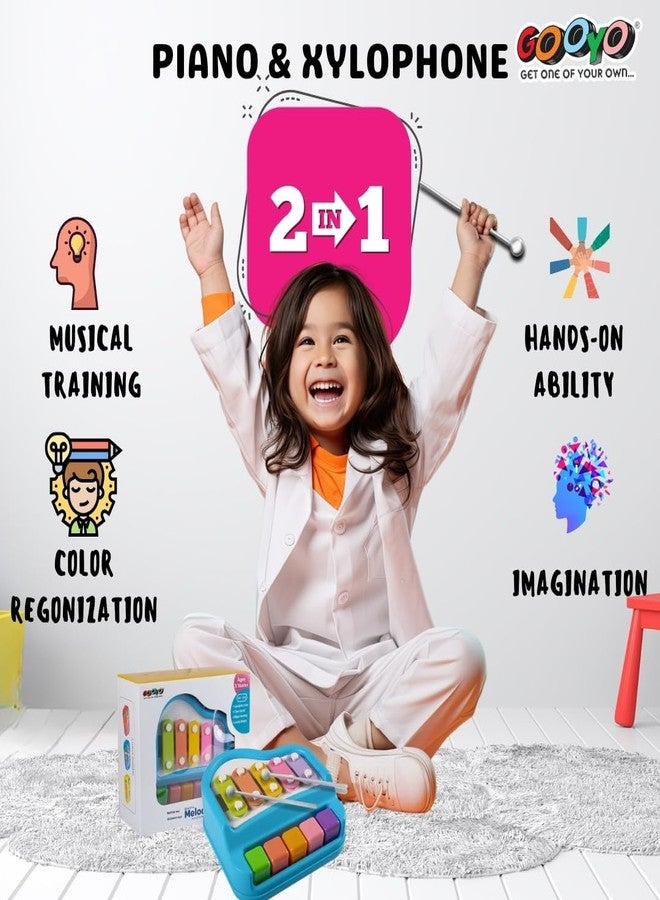 Gooyo 1512 Preschool Kids Educational Knock Playing Musical Xylophone Toy for Kids | 2 in 1 Mini Musical Piano and Xylophone Toy with Colorful Keys & 2 Mallets | Blue | No Batteries Required - Image 4