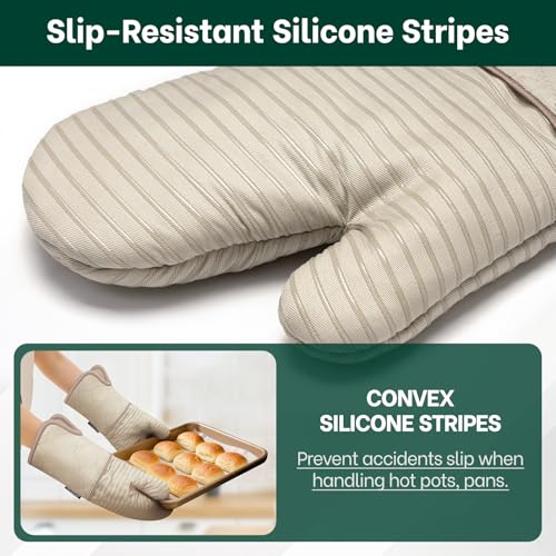 Beneno Kitchen Oven Mitts 2-Pack Heat Resistant to 500°F with Non-Slip Silicone Grip, Extra Long 14.3" Forearm Protection, Soft Quilted Cotton Terry Lining, Ideal for Cooking, Baking, Grilling, Beige - Image 3