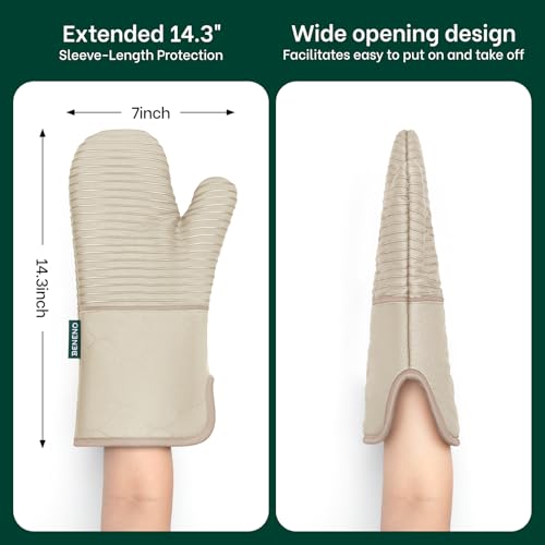 Beneno Kitchen Oven Mitts 2-Pack Heat Resistant to 500°F with Non-Slip Silicone Grip, Extra Long 14.3" Forearm Protection, Soft Quilted Cotton Terry Lining, Ideal for Cooking, Baking, Grilling, Beige - Image 5