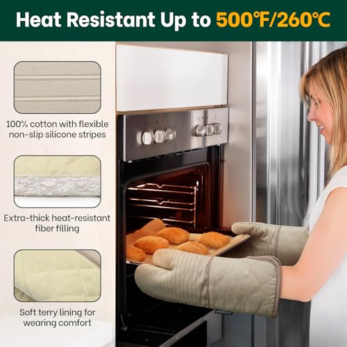 Beneno Kitchen Oven Mitts 2-Pack Heat Resistant to 500°F with Non-Slip Silicone Grip, Extra Long 14.3" Forearm Protection, Soft Quilted Cotton Terry Lining, Ideal for Cooking, Baking, Grilling, Beige - Image 2
