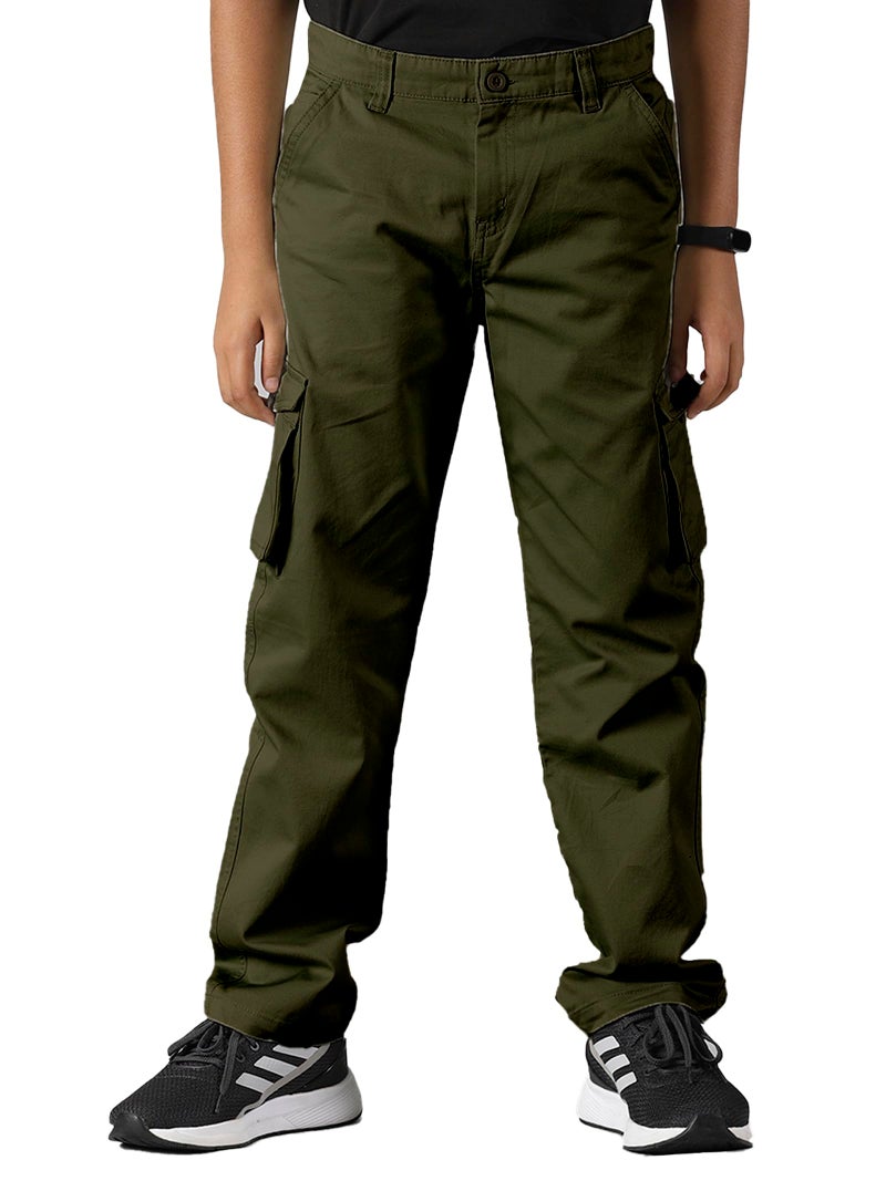 KiddoPanti Boys Cargo Pants | 100% Cotton Twill | Comfortable Regular Fit | Elastic Waistband & Zip Fly | 6 Pocket Lower for Kids | Full-Length Casual Wear |, Military Green - 8-10Y - Image 1