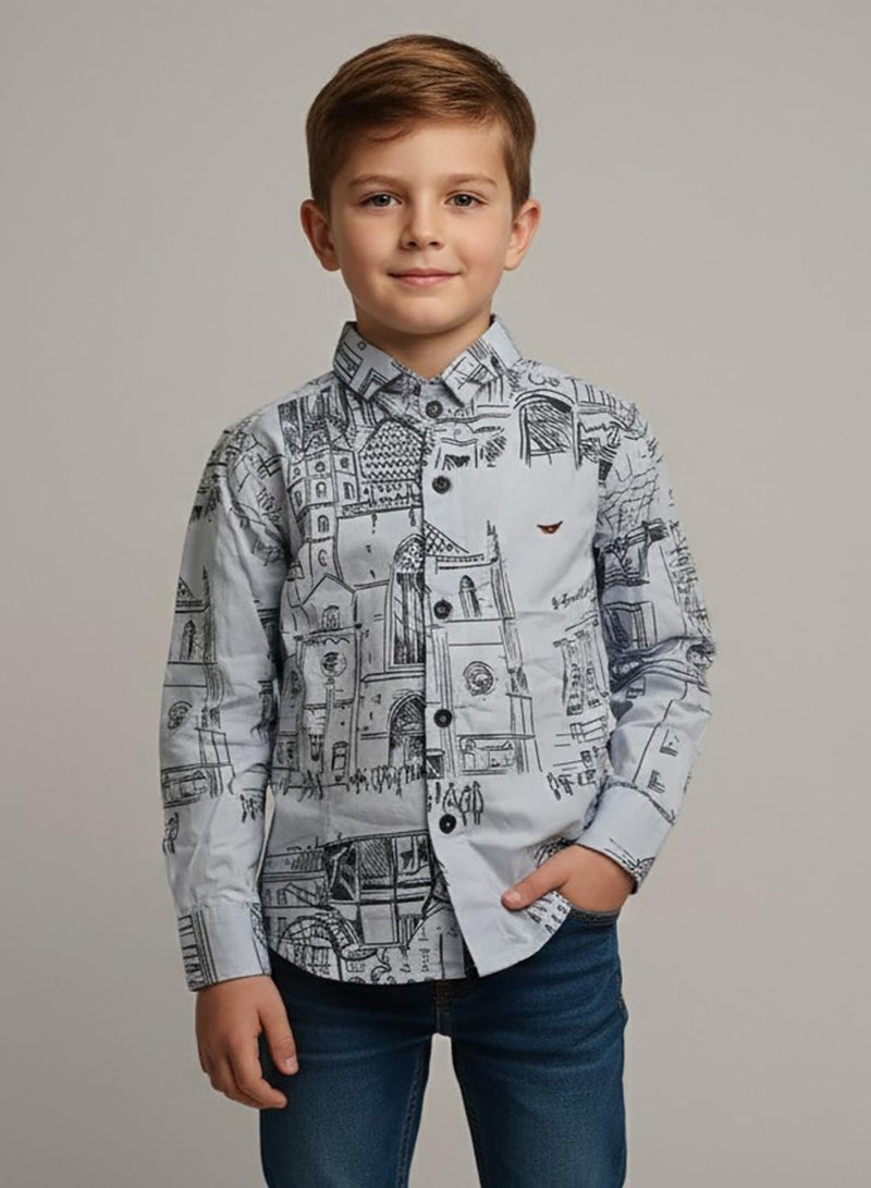 babyqlo Boys City Print Long Sleeve Shirt - Image 1