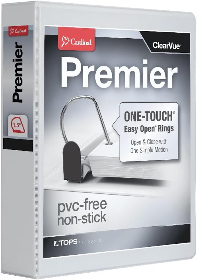 Cardinal 3 Ring Binder, 1.5 Inch Premier Easy Open Binder, ONE-Touch Locking Slant-D Rings, 400-Sheet Capacity, ClearVue Cover, PVC-Free, Black (10311) (10310) - Image 1
