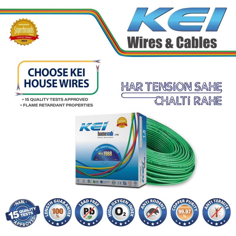 KEI WIRES CABLES Homecab 15 sqmm 1 Core Copper Flame Retardant House Wire PVC Insulated Cable for Domestic Industrial Electrical Wiring Green 90 Meters - Image 2