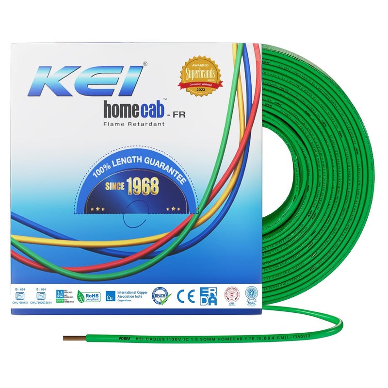 KEI WIRES CABLES Homecab 15 sqmm 1 Core Copper Flame Retardant House Wire PVC Insulated Cable for Domestic Industrial Electrical Wiring Green 90 Meters - Image 1