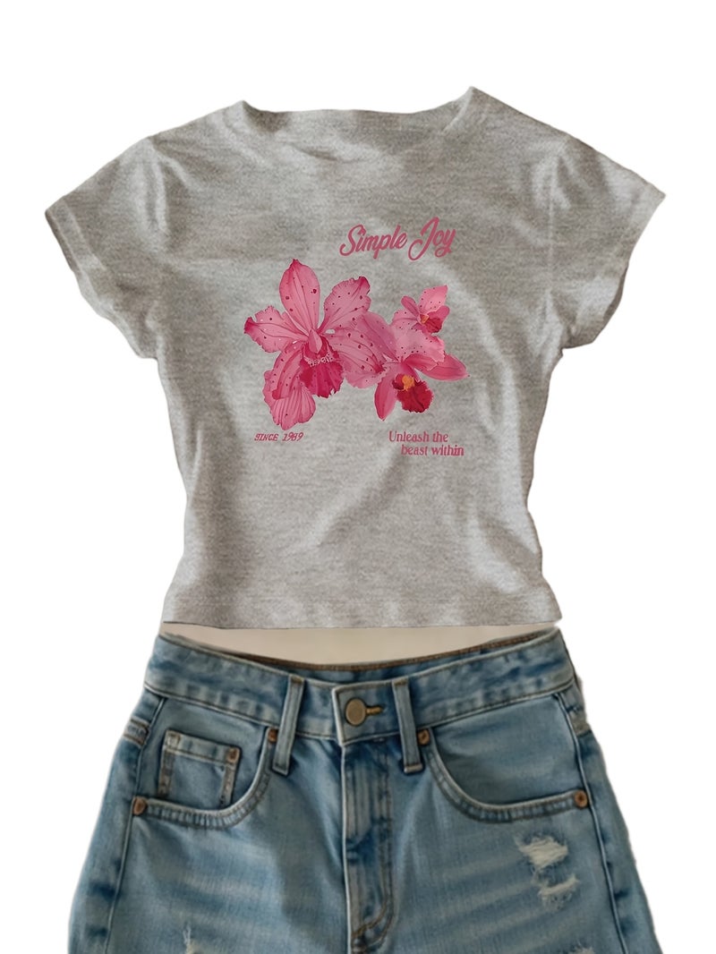00008 - Women'S Casual Top English Letter Petal Print Girly Heart Sweet Cool American Style Ins Hot Summer T - Shirt - CC75 - Grey / XS - Image 1
