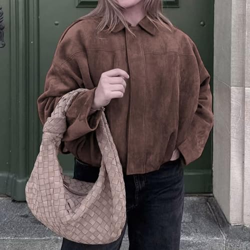 Xunger Women's Faux Suede Bomber Jacket Spring Lapel Pilot Coat Casual Oversized Long Sleeves Trendy Streetwear Outerwear(1026-Coffee-M-RD) - Image 3