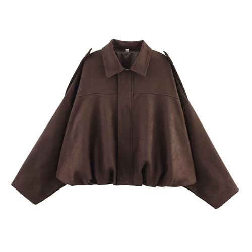 Xunger Women's Faux Suede Bomber Jacket Spring Lapel Pilot Coat Casual Oversized Long Sleeves Trendy Streetwear Outerwear(1026-Coffee-M-RD) - Image 1