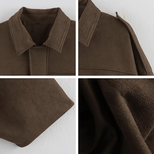 Xunger Women's Faux Suede Bomber Jacket Spring Lapel Pilot Coat Casual Oversized Long Sleeves Trendy Streetwear Outerwear(1026-Coffee-M-RD) - Image 5