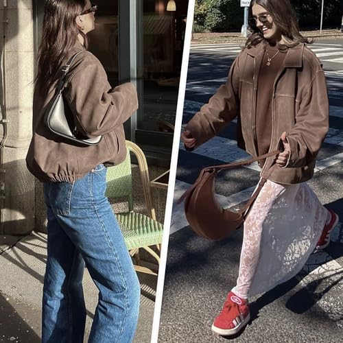 Xunger Women's Faux Suede Bomber Jacket Spring Lapel Pilot Coat Casual Oversized Long Sleeves Trendy Streetwear Outerwear(1026-Coffee-M-RD) - Image 4